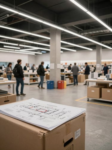 Wide-angle environmental shot of an active site survey in an expansive retail showroom, clean industrial lighting, structural columns visible, blueprint plans resting on a material crate.