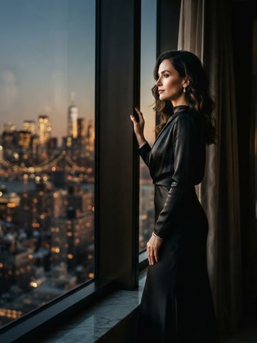 Editorial portrait of a woman in a high-fashion black silk dress looking out a luxury suite window at a dimly lit city skyline, warm golden hour tones, rich cinematic lighting, 35mm film style