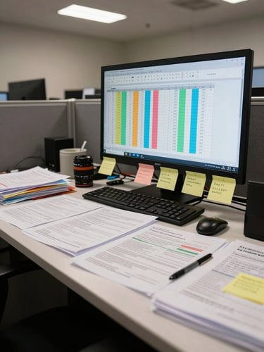 Wide-angle view of a cluttered office desk with printed forms, sticky notes, and a screen showing a spreadsheet with color-coded manual status tracking — harsh fluorescent overhead light casting sharp shadows, slightly chaotic composition emphasizing the manual workload