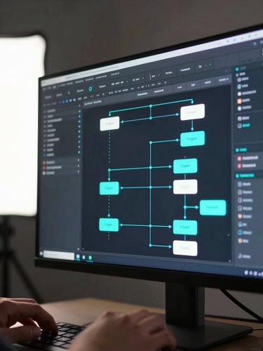 Close-up of a large monitor displaying a real-time workflow automation dashboard — nodes, triggers, and status indicators glowing in electric cyan and white on a dark interface — keyboard hands visible at the bottom edge, bright studio strobe lighting from the left, sharp and high-contrast