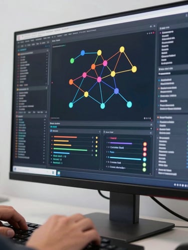 Close-up of a large monitor displaying a live data pipeline dashboard — colorful node graphs and lineage maps filling the screen, a hand resting on a keyboard in the foreground, bright studio lighting, crisp and high-contrast, viewed from a slight angle to show depth