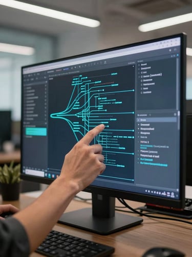 Close-up of two hands configuring an AI agent workflow on a large ultrawide monitor in a modern Bogotá office — cyan data flow lines visible on screen, crisp overhead studio lighting, dark desk surface, no people's faces visible