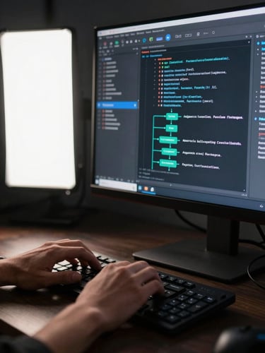 Close-up of a developer's hands configuring an AI agent workflow on a high-resolution monitor, terminal output and data pipeline graph visible on screen, bright studio strobe lighting from the left, crisp and high-contrast, shot tight on the keyboard and screen edge, dark desk surface
