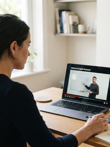 Over-the-shoulder shot of a focused adult professional in a naturally-lit home office, watching an English video lesson on a sleek laptop, clean neutral background, 35mm lens.