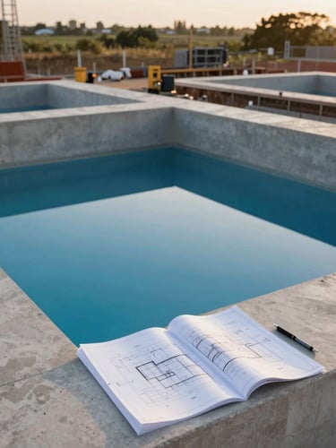 Visão aérea de canteiro de obras de piscina de concreto em construção, com engenheiros revisando plantas, foco no rigor técnico e materiais premium, luz natural suave, 35mm, editorial.