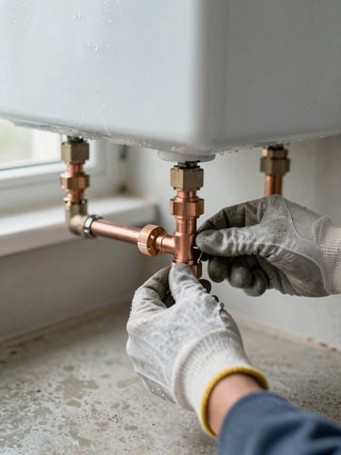 Close-up documentary shot of a plumber's gloved hands tightening a copper pipe joint beneath a residential water heater, bright natural light from a nearby window, condensation visible on the tank, concrete floor below