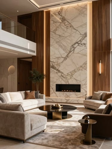 Luxury modern living room in Jeddah, high-contrast warm lighting, wood paneling and marble alternative wall backdrop, elegant furniture, architectural wide-angle lens, 35mm