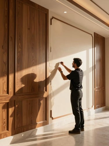 Professional interior designer inspecting a freshly painted luxury salon wall with elegant wood panels in Jeddah, warm coastal sunlight streaming in