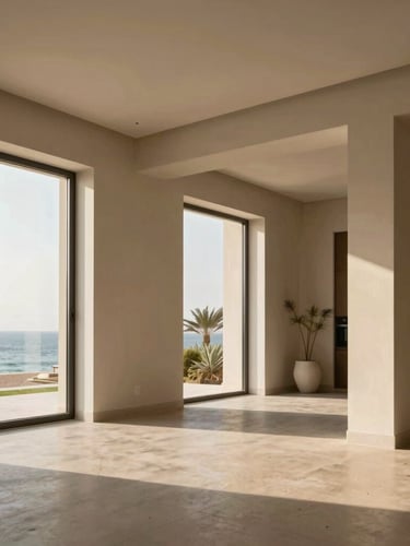Luxury modern villa interior in Jeddah, flawless crisp paint edges, warm coastal sunlight, architectural photography