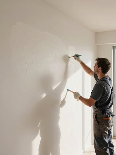 Professional craftsman in clean uniform carefully applying moisture-resistant white primer to a smooth interior wall, bright daylight, sharp focus on texture