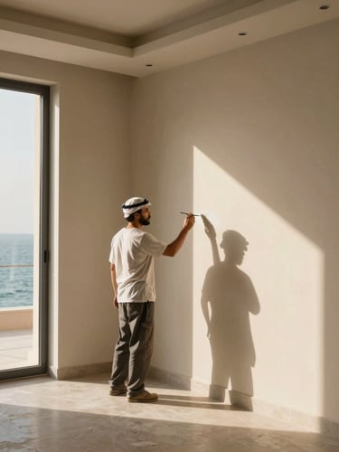 luxury residential interior in Jeddah, professional painter meticulously finishing a wall corner, warm sunlight, 35mm