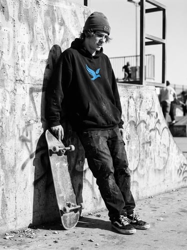 Low-angle 35mm film shot of a skater wearing a heavy black oversized hoodie leaning against a concrete wall, harsh midday shadows, raw street photography
