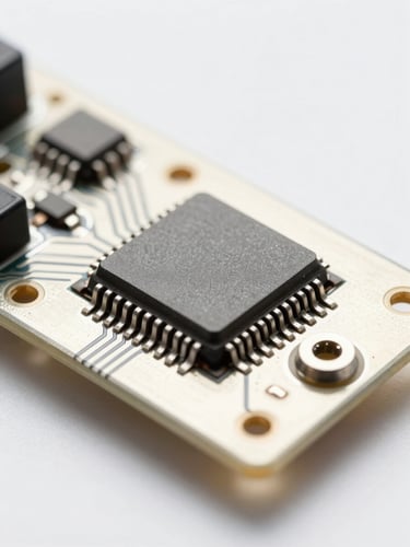 Close-up of a silver audio circuit board with precision-soldered microchips under bright, clean laboratory lighting, 35mm.
