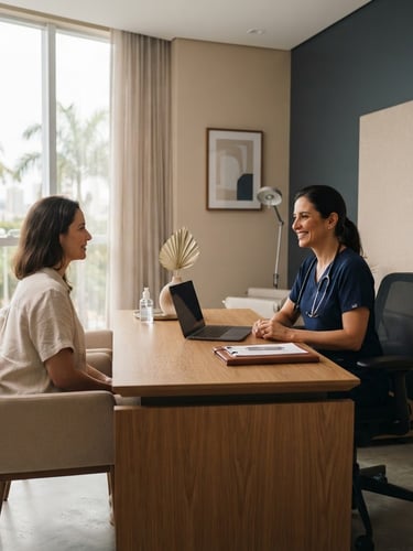 Minimalist medical consulting room in Vitória, soft morning light filtering through large windows, clean lines, warm beige and deep slate accents, professional clinical atmosphere, high-end aesthetic
