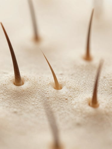 Macro photography of healthy hair follicles, clean clinical aesthetic, soft diffused daylight, warm beige tones.