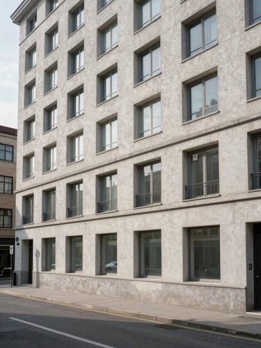 Wide exterior facade of a mid-rise residential building on a quiet urban street, photographed at midday in diffused natural light, clean geometry of windows and concrete, no people, honest architectural framing from street level