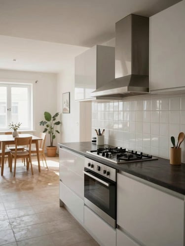 Wide interior shot of a recently renovated apartment kitchen, professional diffused lighting revealing white tile backsplash and dark countertops, open to dining area, natural daylight through window, no people