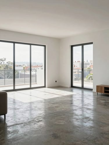 Wide interior shot of a bright living room in a modern Mexican apartment, large windows letting in diffused north-facing daylight, white walls revealing true proportions, polished concrete floors, minimal furniture, no staging artifice