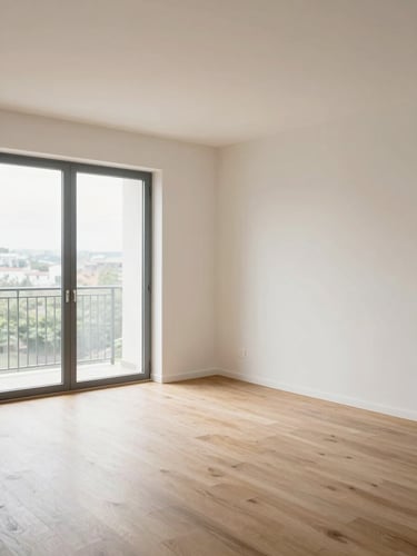 Bright interior of a modern apartment living area photographed from a corner angle, wide-angle showing room scale and flow, diffused tungsten lighting revealing true proportions, clean walls, large windows with natural daylight entering