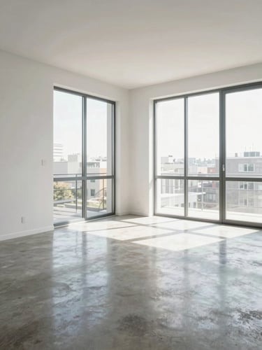 Wide interior shot of a bright apartment living room, north-facing daylight through floor-to-ceiling windows, clean white walls, polished concrete floor visible, camera positioned at room corner to show full spatial scale and natural proportions