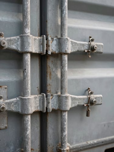 Macro close-up of a heavy-duty steel shipping container seal with serialized laser-etched manifest numbers, harsh industrial lighting