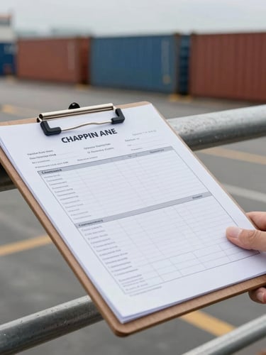 Detailed close-up of a physical maritime shipping manifest clipboard resting on a steel dock railing, cargo containers blurred in the background under overcast daylight.