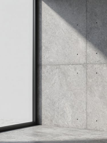 Close-up of a photorealistic 3D render showing a concrete wall meeting a floor-to-ceiling glass panel, cool diffuse studio lighting, sharp material detail, no people