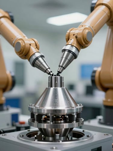 Close-up macro of robotic arms assembling a machined metal thruster nozzle on a cleanroom production line, sharp focus, technical lighting with soft blue accents.
