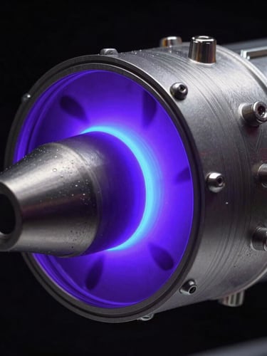 Extreme macro detail of a Hall-effect thruster nozzle during active xenon plasma testing, deep space-black background, luminescent blue-purple glow, high-contrast technical studio lighting.