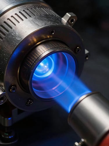 Extreme macro detail of a Hall-effect thruster nozzle under active plasma testing, high-contrast studio lighting with deep shadows, vivid luminescent blue xenon plasma glow emitting from the chamber.