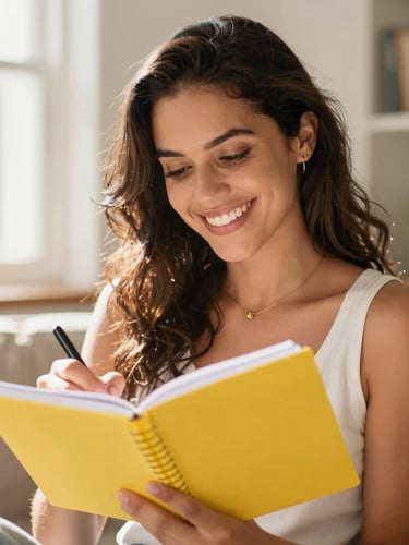 Warm editorial portrait of a cheerful Brazilian woman in her 30s writing in a bright yellow notebook, sunlit home environment, happy expression, shallow depth of field, 35mm.