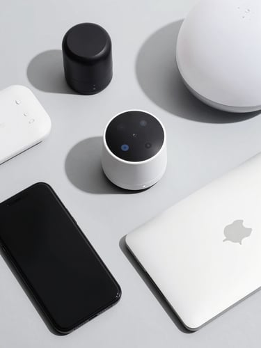 Crisp flat-lay of modern tech gadgets and smart home devices on a bright light-gray background, clean studio lighting, high-contrast shadows.