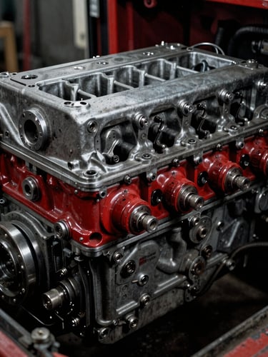 Low-angle dramatic close-up of a semi-truck engine block, high-contrast workshop lighting, deep red and charcoal tones, gritty industrial 35mm photography
