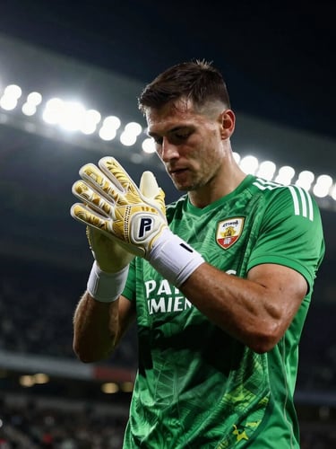 Goalkeeper adjusting gloves in high-contrast stadium lighting, deep shadows, dramatic rim light, 35mm