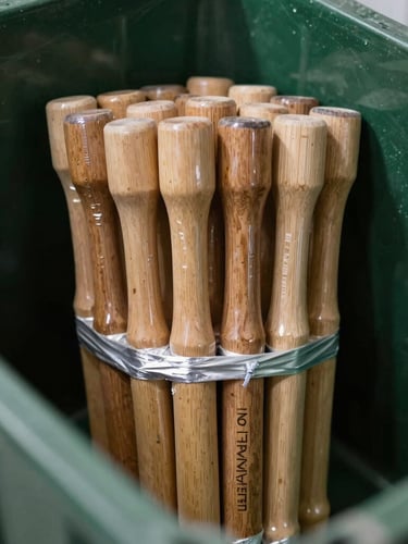 Macro shot of tightly bound bundles of finished wooden handles wrapped in protective moisture-barrier film inside a shipping container, dramatic workshop lighting, 50mm