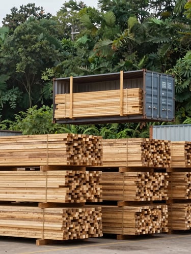 Wide-angle industrial daylight photo of a shipping container being loaded at a timber yard, stacked uniform bundles of wood visible, 50mm