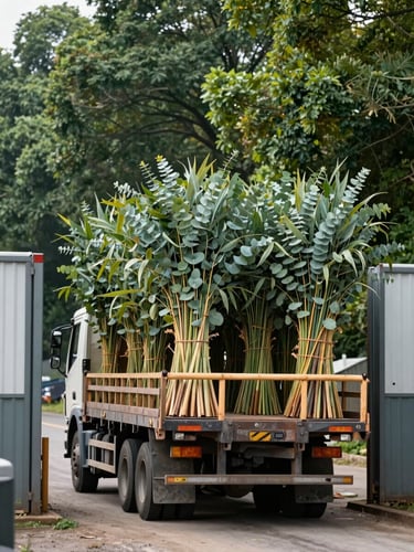 Industrial documentary photography of a flatbed truck loaded with bundled eucalyptus wood handles leaving a factory gate, crisp daylight, deep forest green tones, 50mm