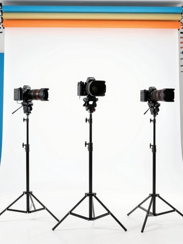Bright high-key commercial photography studio flooded with Florida daylight, professional camera rigs on heavy-duty C-stands, clean white background, electric blue accents, 50mm lens shot.