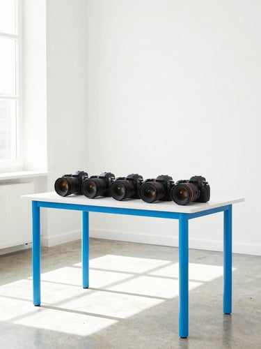 Bright high-key commercial photography studio, professional camera gear on a clean table, sun-drenched concrete floor, electric blue highlights, crisp 50mm composition.
