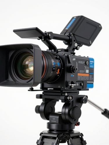 A close-up of a high-end cinema camera rig on a tripod, clean studio strobes reflecting off the lens glass, bright daylight filling a white studio background