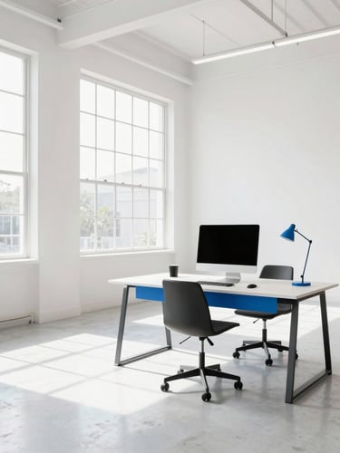 A bright, modern creative studio workspace in St. Petersburg, Florida, high ceilings, large industrial windows with soft daylight streaming in, clean white concrete floors, a sleek editing desk with a monitor to the side.