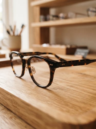 Close-up of high-quality glasses frames on a clean wooden tray, soft natural daylight, warm neutral tones, shallow depth of field