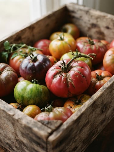 Close-up of raw heirloom tomatoes in a rustic wooden crate, soft diffused daylight, natural shadows, matte finish, 35mm film look