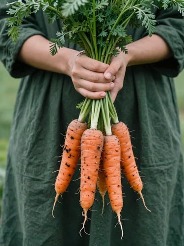 Hands holding a bundle of freshly harvested organic carrots with soil still on them, soft natural daylight, matte forest green tones, 35mm film look