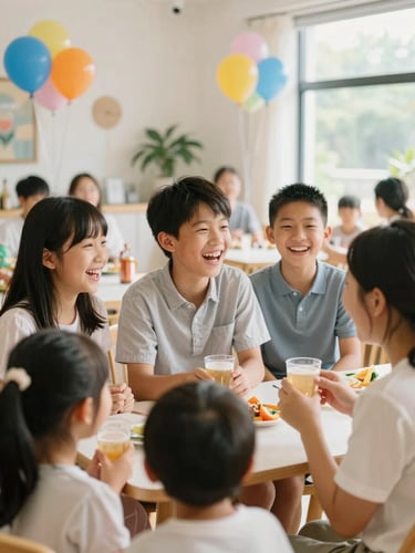 Bright vibrant portrait of a family laughing together in a beautifully decorated event salon, warm natural daylight, shallow depth of field.
