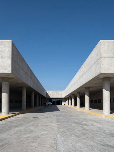 Symmetrical architectural shot of a modern customs and logistics terminal in Mexicali, clean concrete lines, sharp daylight, deep blue sky, professional corporate aesthetic.
