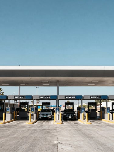 Symmetrical wide shot of a modern customs checkpoint at the Mexicali border, clean architectural lines, sharp high-contrast daylight, no people.