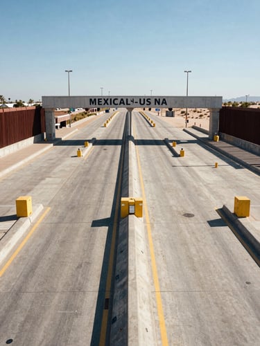 High-altitude symmetrical wide shot of the Mexicali-US border crossing, modern concrete customs lanes under clear bright daylight, structured lanes, negative space.