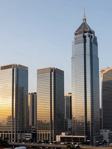 Wide-angle architectural crop of the Lekki business district skyline at golden hour, clean geometric lines, warm natural West African sunlight reflecting off corporate glass facades.