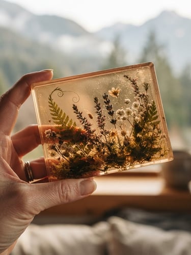 Macro close-up of a hand holding a polished resin memorial block against soft mountain window light, capturing delicate suspended botanicals and a faint warm amber glow, shallow depth of field, 35mm